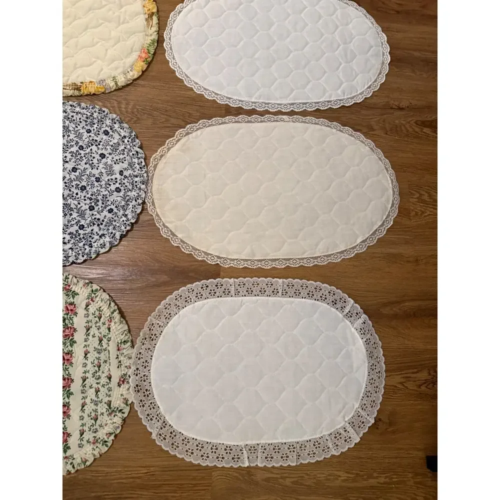 Lot of 8 Vintage Quilted Oval Table Placemats Doilies Lace Floral Cottage